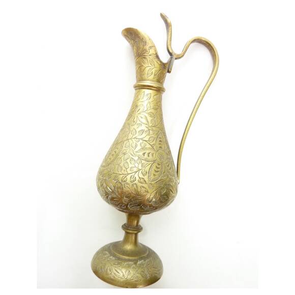 Vintage Small Footed Brass Pitcher India Hand Etched - Picture 2 of 5